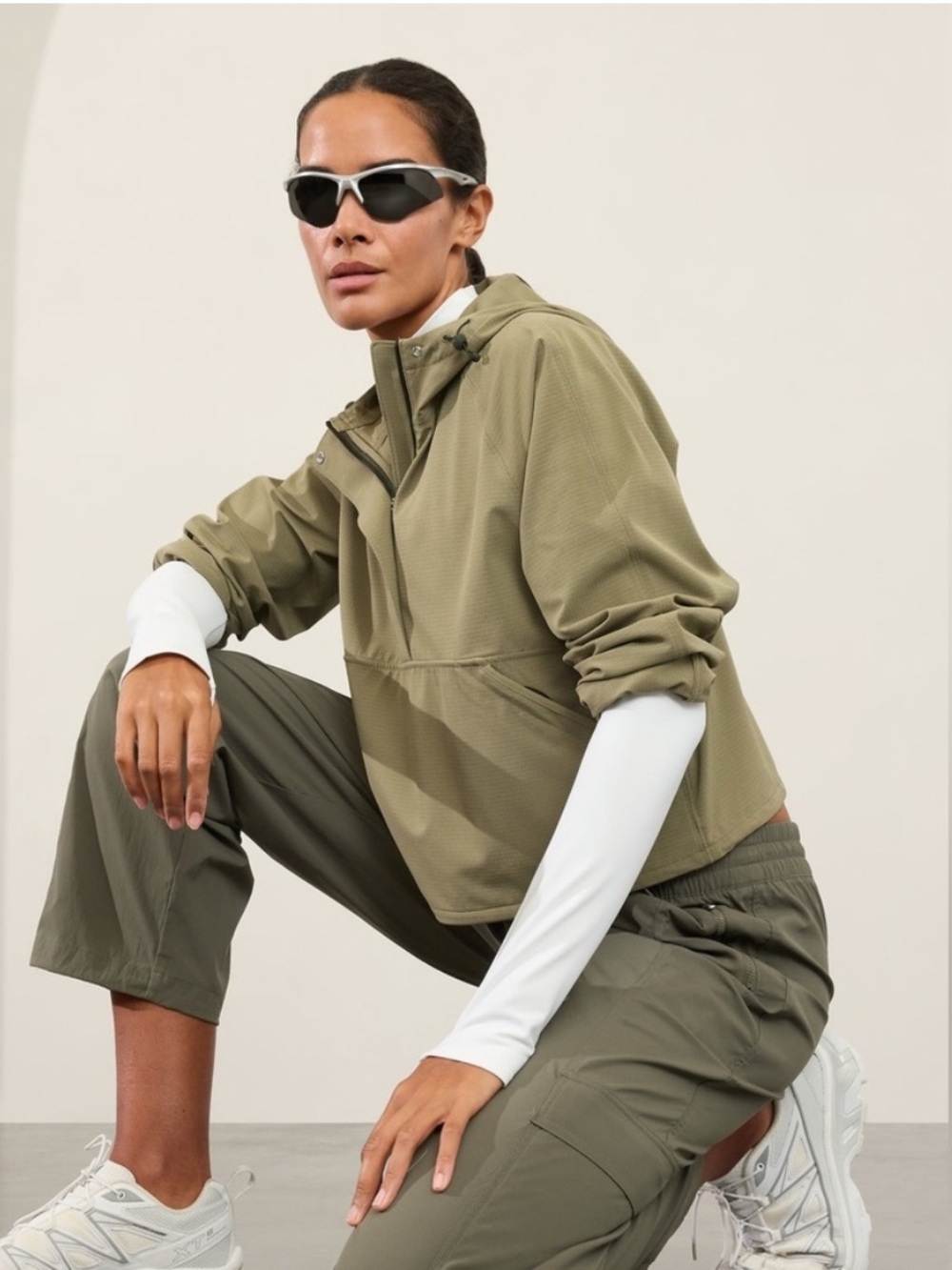 Athleta Boundless Crop Popover Hoodie Women’s Size XS Half Zip Rip Stop Canvas